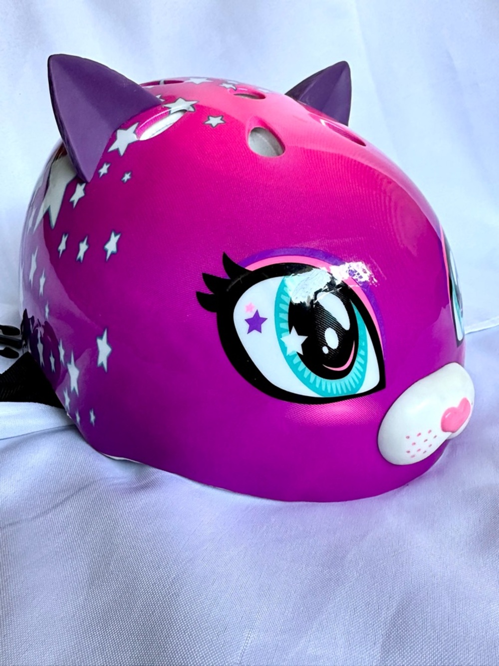 Child Cat-Ear Safety Helmet in Bright Pink - Fun Star & Eye Design